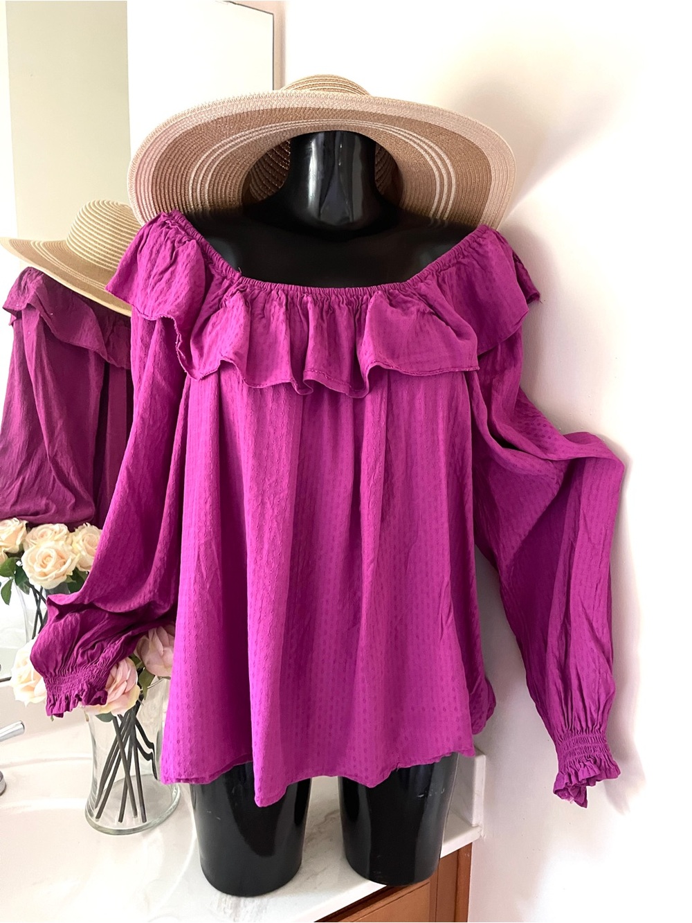 KNOX ROSE Plus Size Top 3X Women’s Shirt Cotton Ruffles OFF SHOULDER Blouse